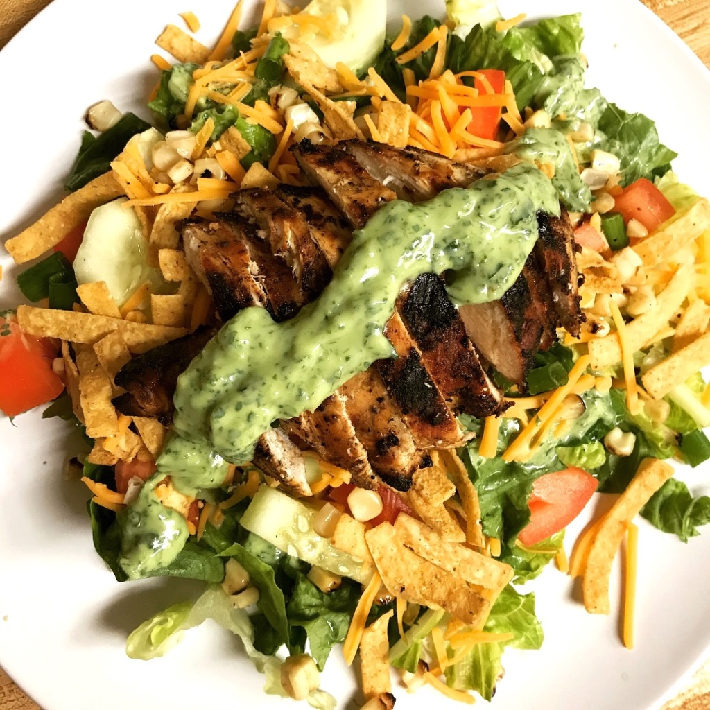 Easy BBQ Grilled Chicken Salad with Creamy Avocado Cilantro Lime Dressing