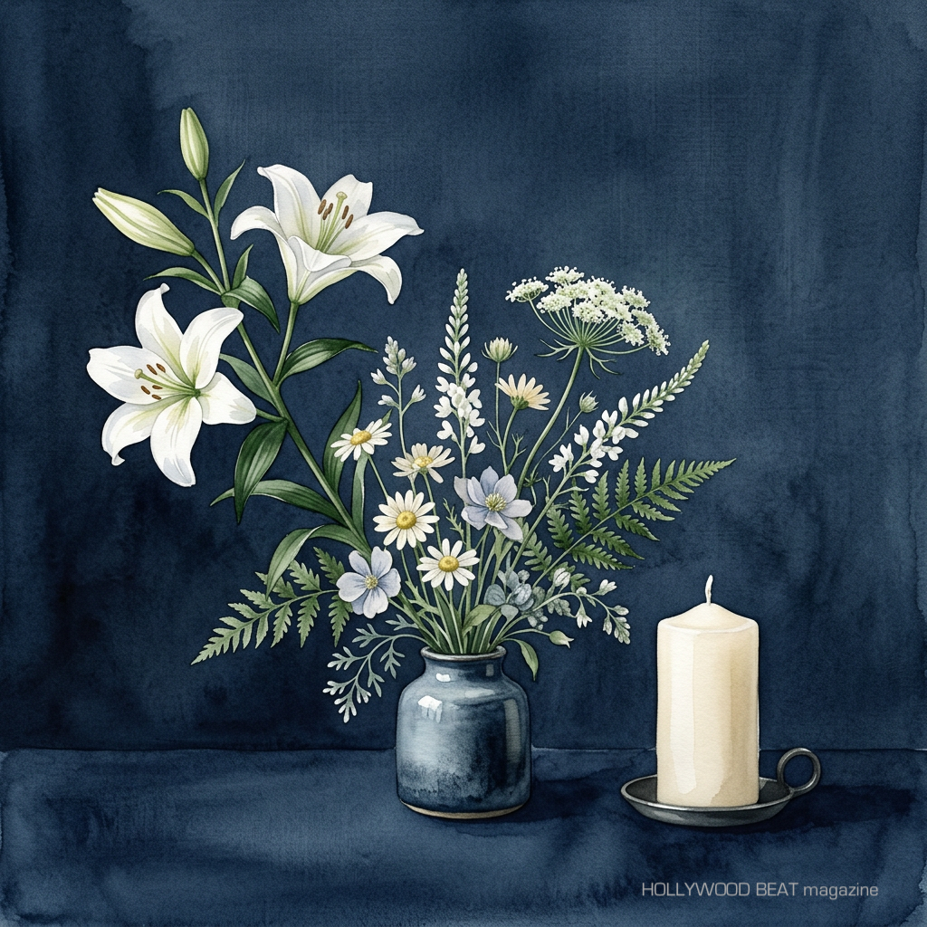 White lilies, wildflowers, and an unlit candle